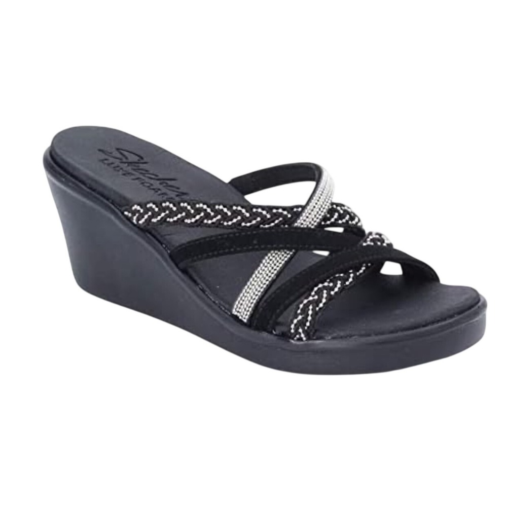 Skechers Black Rhinestone Rumble On Braided Wedge Sandals Women's Size 8